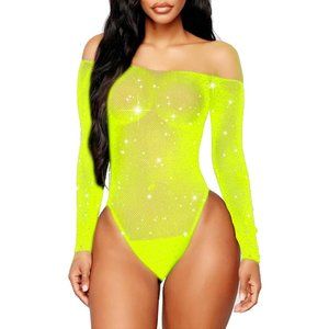Women Parrot Sexy Sparkle Rhinestone Teddy Fishnet Sleeve One Piece Bodysuit